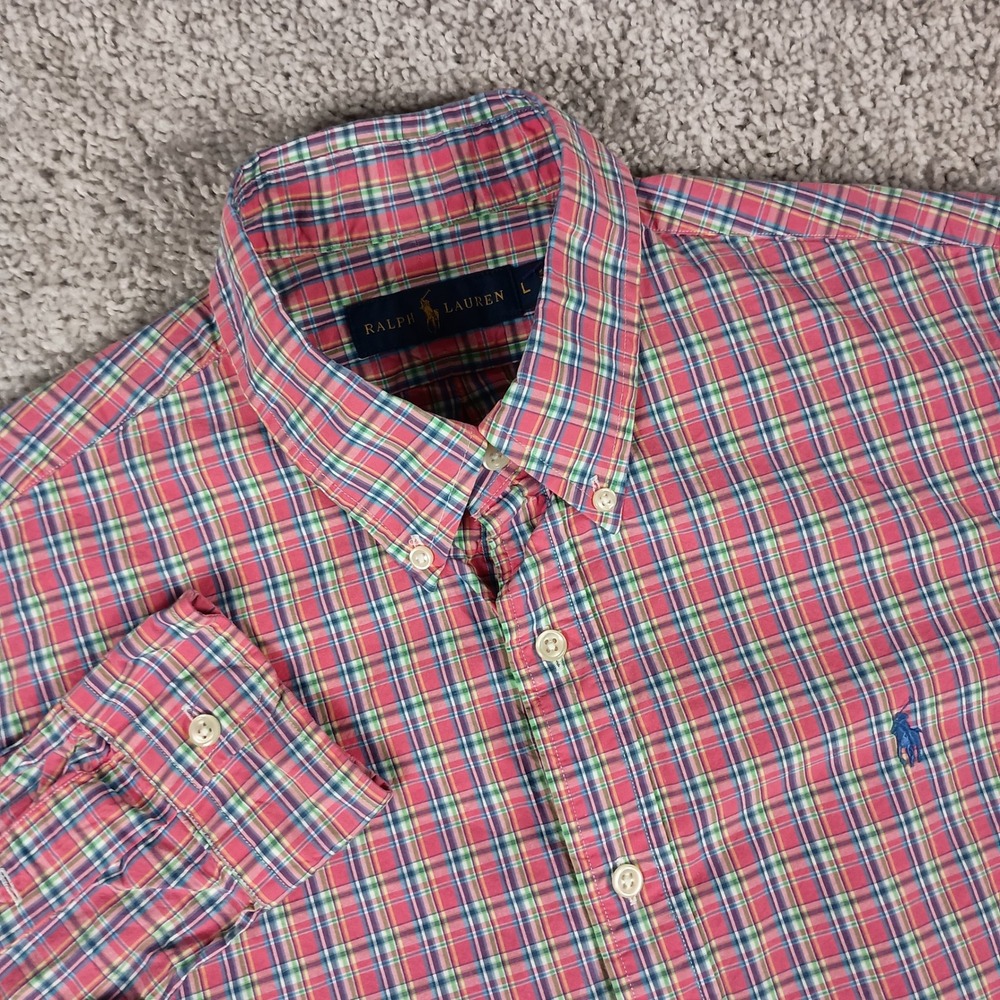 Ralph Lauren Button Down Shirt Mens Large Pink Plaid Excellent Long Sleeve Pony